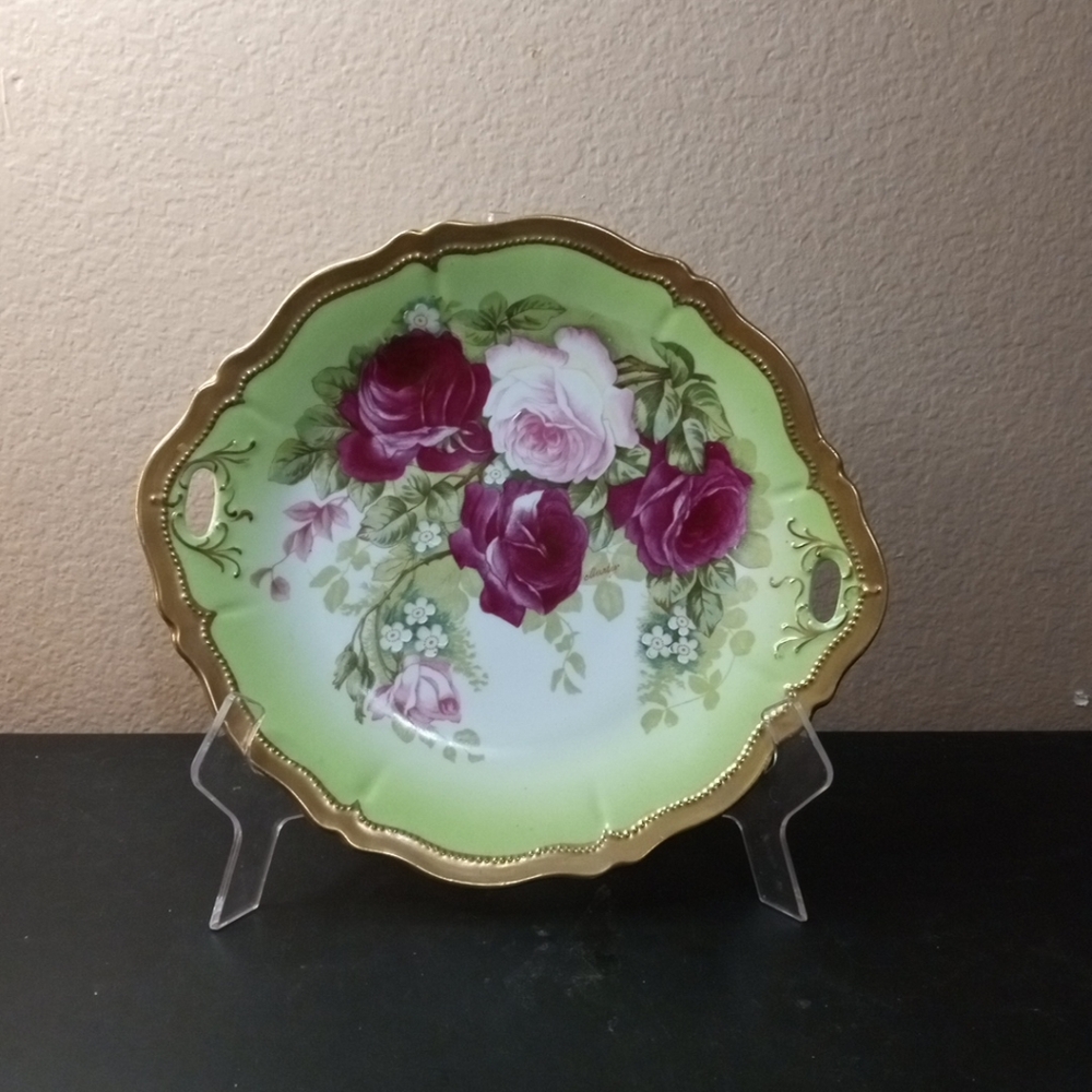 STUNNING O&EG Royal Austria Rose Pompadour 10.5" Dual Handle Scalloped Plate